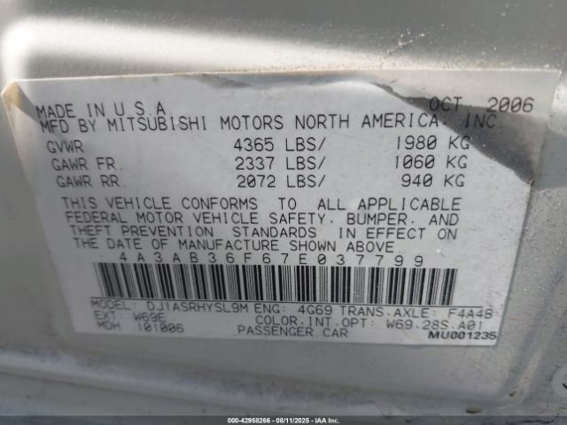 2007 MITSUBISHI GALANT 4A3AB36F67E037799 Photo 8