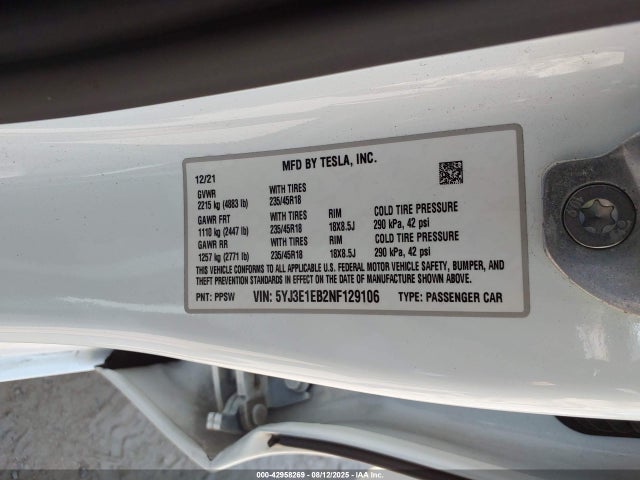 2022 TESLA MODEL 3 5YJ3E1EB2NF129106 Photo 8