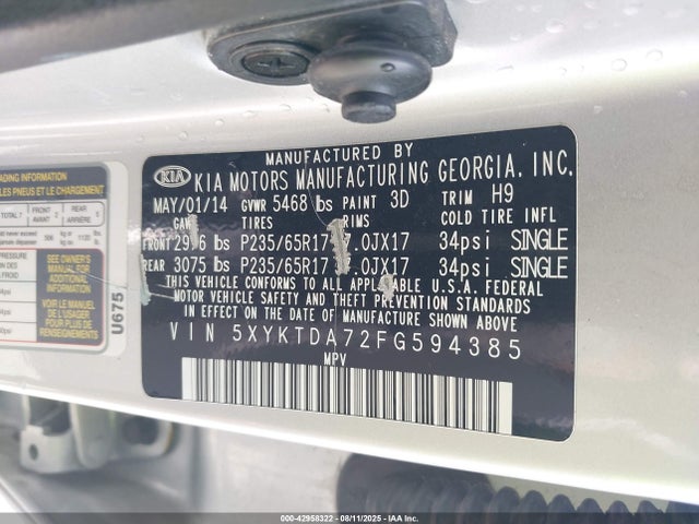 42958322 :رقم المزاد ، 5XYKTDA72FG594385 vin ، 2015 Kia Sorento Lx V6 مزاد بيع