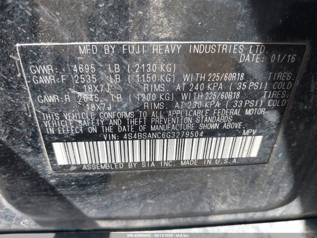 4S4BSANC6G3279504 Subaru 2.5l u5