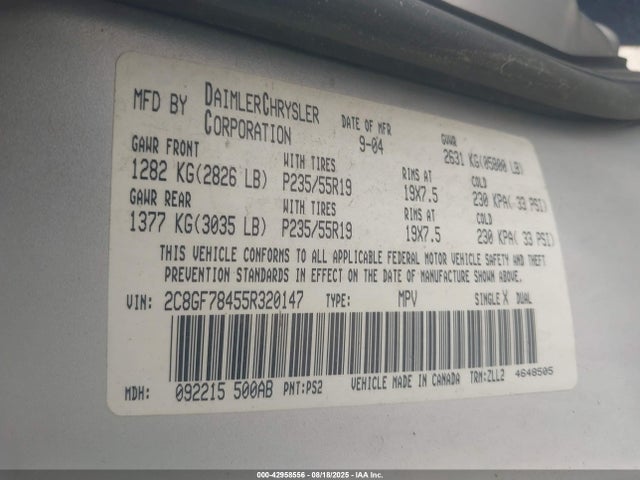 42958556 :رقم المزاد ، 2C8GF78455R320147 vin ، 2005 Chrysler Pacifica Limited مزاد بيع