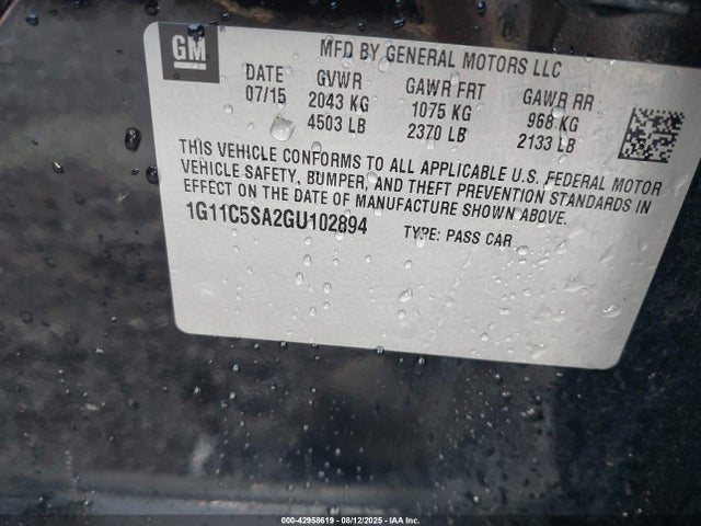 42958619 :رقم المزاد ، 1G11C5SA2GU102894 vin ، 2016 Chevrolet Malibu Limited Lt مزاد بيع
