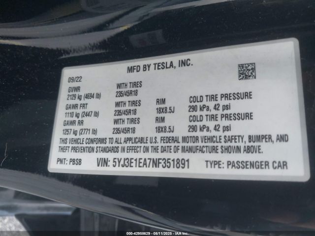 2022 TESLA MODEL 3 5YJ3E1EA7NF351891 Photo 8