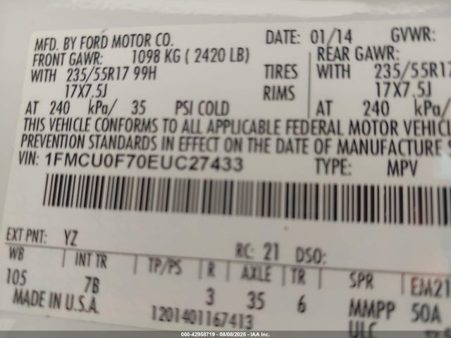 Ford Escape 2014 1FMCU0F70EUC27433 Image 9