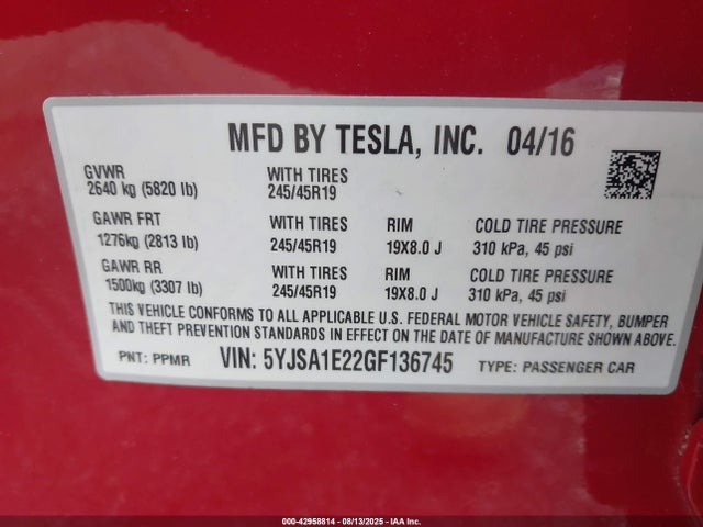 2016 TESLA MODEL S 5YJSA1E22GF136745 Photo 8