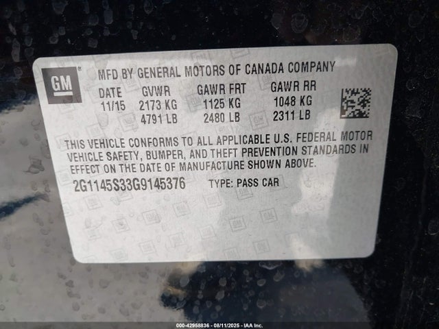 2G1145S33G9145376 Chevrolet lfx - sidi, vvt, e85 max, alum gm