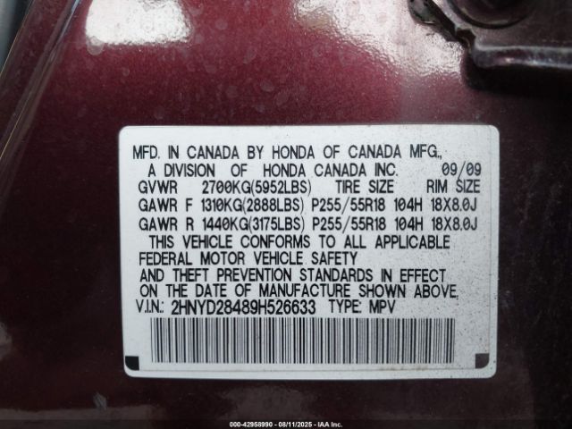 2009 ACURA MDX 2HNYD28489H526633 Photo 8