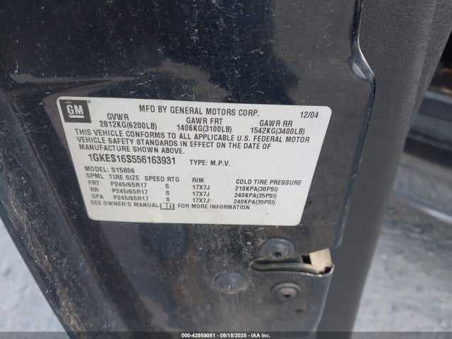 Aukcja sprzedaży 2005 Gmc Envoy Xl Slt, vin: 1GKES16S556163931, numer aukcji: 42959081