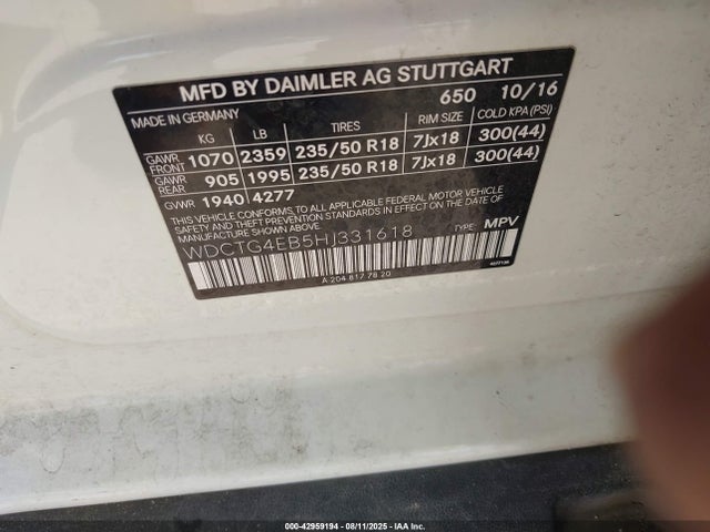 WDCTG4EB5HJ331618 Mercedes-Benz m270