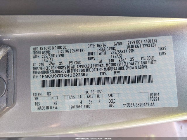 1FMCU9GDXHUB22363 Ford gtdi sigma w/premium fuel