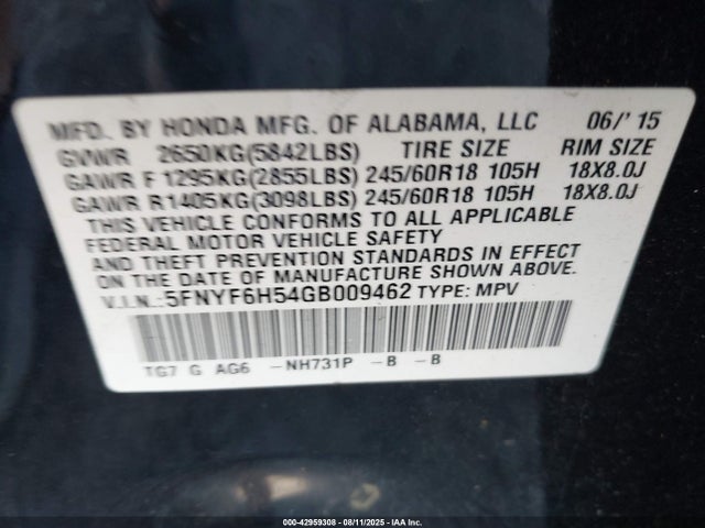5FNYF6H54GB009462 Honda j35y6