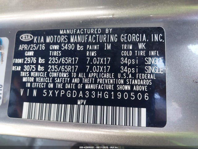 5XYPGDA33HG190506 KIA Sorento