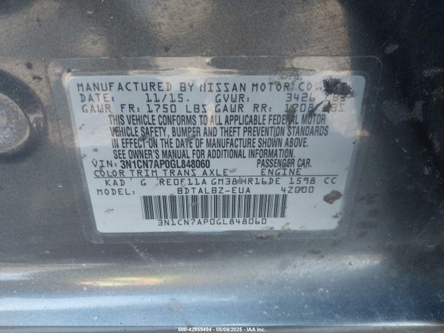 3N1CN7AP0GL848060 Nissan Versa