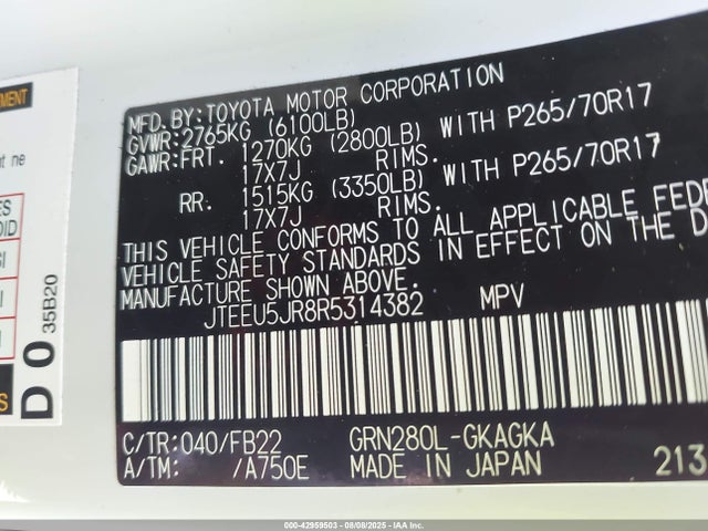 JTEEU5JR8R5314382 Toyota 1gr-fe