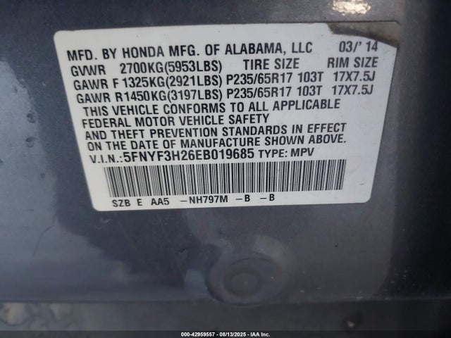 Honda j35z4 2014 5FNYF3H26EB019685 Image 9