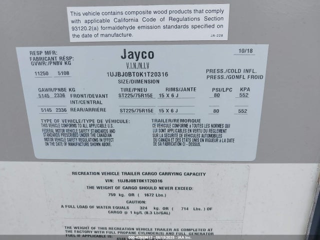 1UJBJ0BT0K1T20316 Jayco Jayco