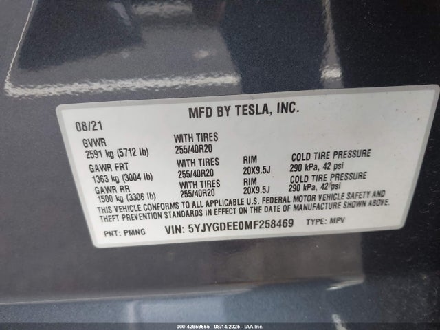 2021 TESLA MODEL Y 5YJYGDEE0MF258469 Photo 8