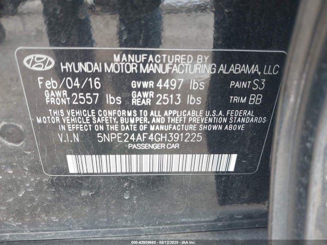 5NPE24AF4GH391225 Hyundai dohc gdi theta-ii