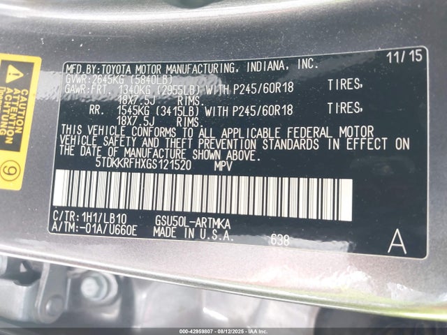 5TDKKRFHXGS121520 Toyota 2gr-fe