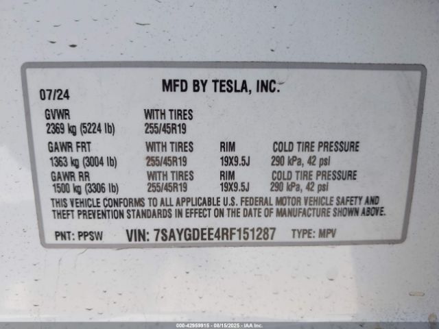 2024 TESLA MODEL Y 7SAYGDEE4RF151287 Photo 8