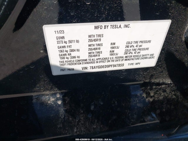 2023 TESLA MODEL Y 7SAYGDED9PF947859 Photo 8
