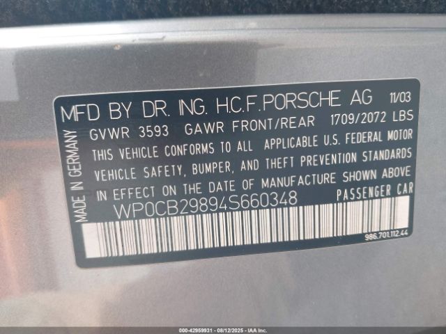 2004 PORSCHE BOXSTER WP0CB29894S660348 Photo 8