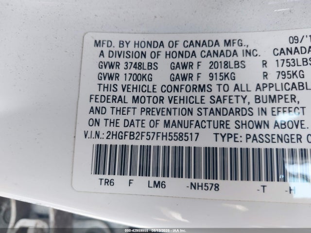 Honda r18z1 2015 2HGFB2F57FH558517 Image 9