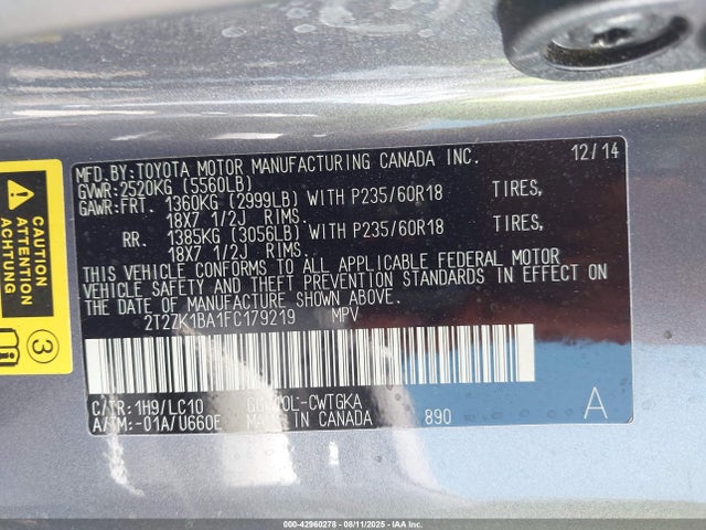 2T2ZK1BA1FC179219 Lexus 2gr-fe