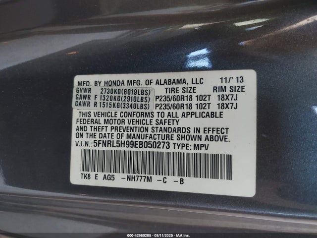 5FNRL5H99EB050273 Honda j35z8