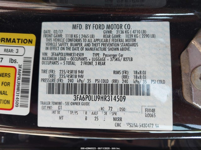 3FA6P0LU9HR314509 Ford 2.0l 4v atk hev