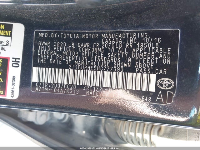 42960371 :رقم المزاد ، 2T1BURHE5HC777390 vin ، 2017 Toyota Corolla Se مزاد بيع