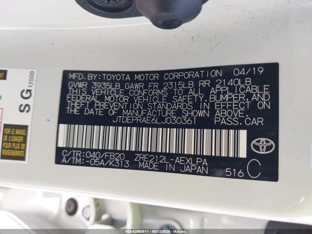 JTDEPRAE6LJ030361 Toyota COROLLA LE