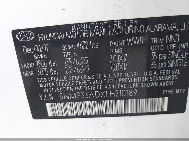5NMS33ADXLH210189 Hyundai gdi theta ii
