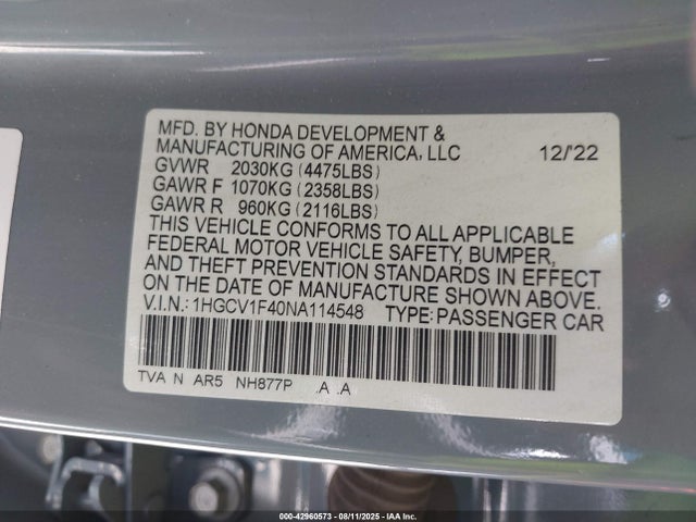 1HGCV1F40NA114548 Honda l15be