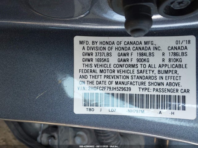Honda CIVIC EX 2018 2HGFC2F79JH529639 Image 9