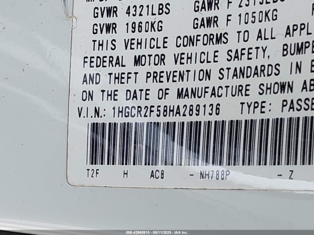 1HGCR2F58HA289136 Honda k24w1
