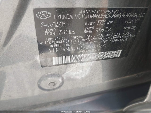 5NPD84LF1KH405632 Hyundai mpi nu
