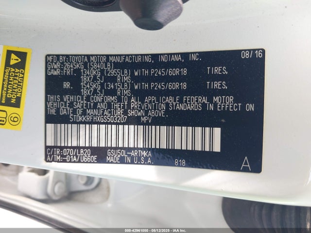 5TDKKRFHXGS503207 Toyota 2gr-fe