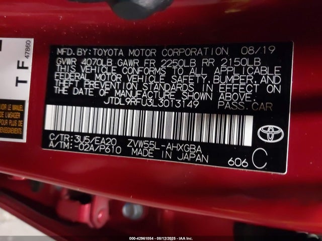 JTDL9RFU3L3013149 Toyota 2zr-fxe,1nm