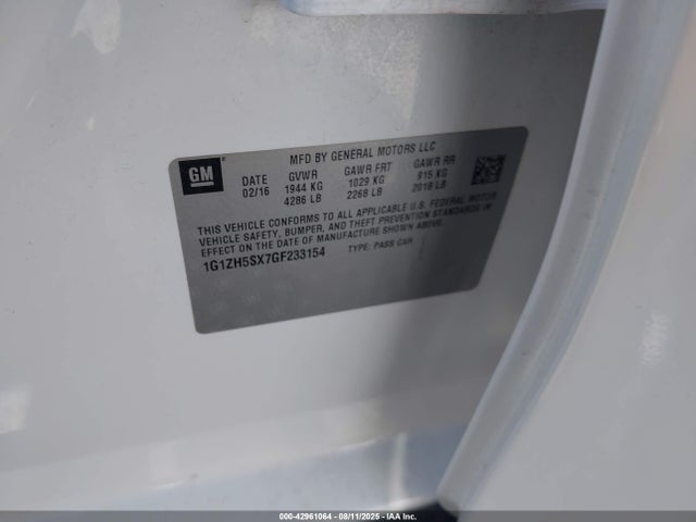 1G1ZH5SX7GF233154 Chevrolet ltg - sidi, alum dohc, vvt, dcvcp turbo, e0-e100, alum