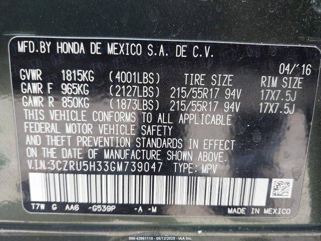 3CZRU5H33GM739047 Honda r18z9