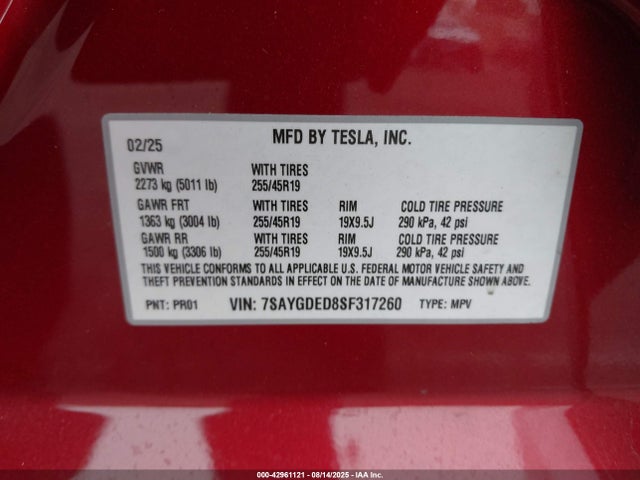 2025 TESLA MODEL Y 7SAYGDED8SF317260 Photo 8