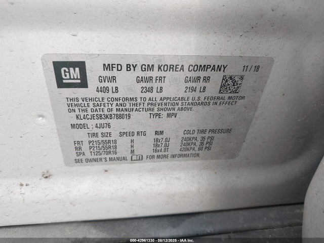 Buick luv: mfi, variable valve timing, alum, e85 max 2019 KL4CJESB3KB788019 Image 9