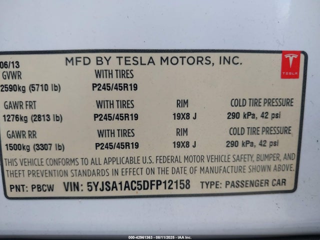 2013 TESLA MODEL S 5YJSA1AC5DFP12158 Photo 8