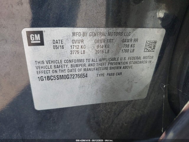 1G1BC5SM0G7276654 Chevrolet le2 - di: direct injection, alum, vvt, gen i, gmna