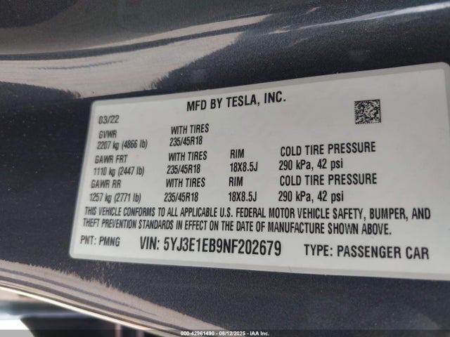 2022 TESLA MODEL 3 5YJ3E1EB9NF202679 Photo 8