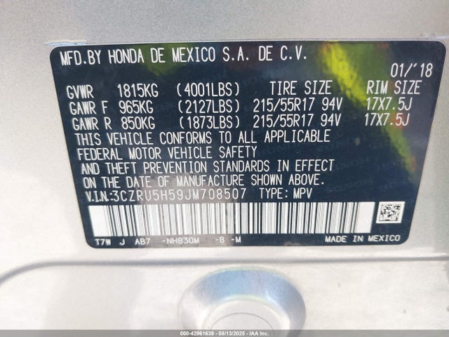 3CZRU5H59JM708507 Honda r18z9