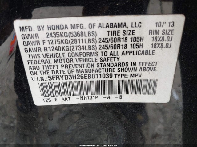 Acura j35y5 2014 5FRYD3H26EB011039 Image 9