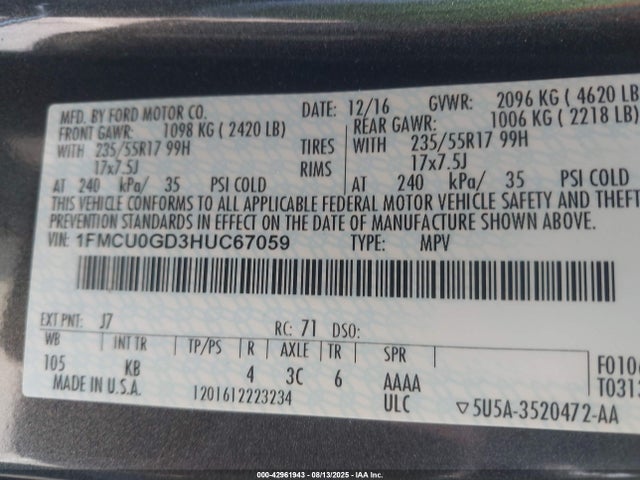 1FMCU0GD3HUC67059 Ford gtdi sigma w/premium fuel