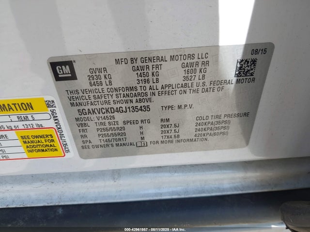 5GAKVCKD4GJ135435 Buick llt - sidi, alum, 60 degrees